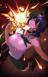 1girl absurdres arched_back black_choker black_hair black_ribbon black_shoes black_shorts breasts chainsaw_man choker collared_shirt commentary_request explosion fire from_above green_eyes grenade_pin hair_between_eyes hair_bun highres korean_commentary long_hair_between_eyes looking_at_viewer medium_breasts medium_hair nangmanheeyou pull_cord purple_hair reze_(chainsaw_man) ribbon shirt shoes shorts single_hair_bun sleeveless sleeveless_shirt smile solo standing thigh-highs white_shirt 