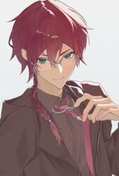  1boy adjusting_clothes adjusting_necktie alternate_costume black_jacket braid closed_mouth commentary glasses green_eyes hair_between_eyes highres hisashi_kobawa jacket lauren_iroas long_hair long_sleeves necktie nijisanji red_hair red_necktie rimless_eyewear side_braid simple_background single_braid smile solo upper_body virtual_youtuber white_background 