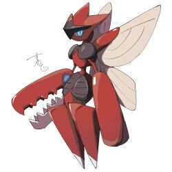 1other blue_eyes bug claws full_body highres insect_wings looking_at_viewer mega_pokemon mega_scizor other_focus pincers pokemon pokemon_(creature) pokemon_focus scizor simple_background solo supiraji_penpen white_background wings 