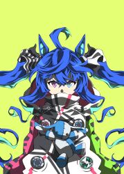  1girl @_@ ahoge animal_ears aqua_hair arms_at_sides blue_eyes blue_hair bow covered_mouth crossed_bangs green_background hair_bow heterochromia highres hood hoodie horse_ears horse_girl long_hair long_sleeves looking_at_viewer multicolored_hair multicolored_hoodie sidelocks simple_background solo straight-on striped_bow stuffed_animal stuffed_rabbit stuffed_toy twin_turbo_(blast_mode!_turbo_engine)_(umamusume) twin_turbo_(umamusume) twintails two-tone_hair umamusume upper_body v-shaped_eyebrows violet_eyes zukki_(bijitaru) 