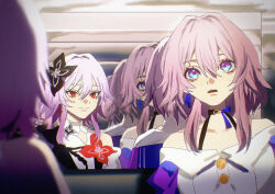  2girls anago_(tokyo_retro_gokko) buttons choker collared_dress commentary_request dress earrings evernight_(honkai:_star_rail) flower hair_between_eyes hair_flower hair_ornament highres honkai:_star_rail honkai_(series) jacket jewelry march_7th_(honkai:_star_rail) march_7th_(preservation)_(honkai:_star_rail) medium_hair mirror multicolored_eyes multiple_girls off_shoulder parted_lips pink_hair red_eyes reflection single_earring smile teeth two-tone_eyes upper_teeth_only 