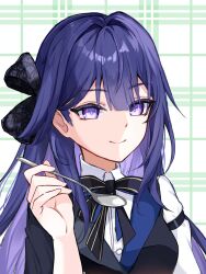  1girl absurdres black_bow black_bowtie black_vest bow bowtie breasts commentary_request highres holding holding_spoon honkai_(series) honkai_impact_3rd long_hair looking_at_viewer medium_breasts purple_hair raiden_mei simple_background smile solo spoon udon_(smnj4387) upper_body very_long_hair vest violet_eyes 