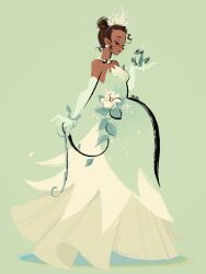  1girl alternate_form animal blending brown_hair closed_eyes closed_mouth commentary dark-skinned_female dark_skin dress earrings elbow_gloves frog full_body gloves green_background green_dress green_gloves hair_bun highres holding holding_animal jewelry lone_nape_hair manodemarina prince_naveen profile simple_background smile sparkle the_princess_and_the_frog_(disney) tiana_(the_princess_and_the_frog) 