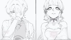  1boy 1girl armor blunt_bangs blunt_ends blunt_tresses bodysuit breasts chinese_knot closed_mouth collarbone commentary covered_collarbone dou expressionless eyelashes genshin_impact greyscale hair_intakes hair_over_one_eye hair_tubes hand_up high_collar hime_cut japanese_armor japanese_clothes jinbaori kamisato_ayaka kimono kiss kissing_hand kote long_hair looking_at_another looking_at_viewer lrw_lrw medium_breasts monochrome multiple_views neck_tassel open_clothes open_kimono rope scaramouche_(genshin_impact) short_sleeves shoulder_peek side_cape signature split_screen tassel tsurime wanderer_(genshin_impact) 