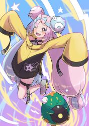  1girl ;d absurdres bellibolt blush bow-shaped_hair character_hair_ornament commentary grey_shoes hair_ornament happy highres iono_(pokemon) jacket long_hair long_sleeves multicolored_hair one_eye_closed open_mouth pokemon pokemon_(creature) pokemon_scarlet_and_violet shoes single_leg_pantyhose sleeves_past_fingers sleeves_past_wrists smile star_(symbol) star_print teeth thigh_strap tsugumi_amon twintails two-tone_hair upper_teeth_only yellow_jacket 