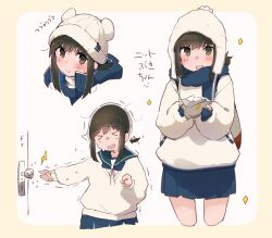  >_< 1girl :d absurdres alternate_costume backpack bag beanie blue_coat blue_neckerchief blue_scarf blue_skirt blush border brown_hair cardigan coat commentary_request cowboy_shot cropped_legs earflap_beanie food fubuki_(kancolle) green_eyes green_sailor_collar hat highres holding holding_food jacket kantai_collection looking_at_viewer low_ponytail ma_rukan medium_hair motion_lines multiple_views neckerchief open_mouth peanut_mouth pleated_skirt ponytail rounded_corners sailor_collar scarf shirt sidelocks simple_background skirt smile sparkle static_electricity teardrop translation_request turtleneck turtleneck_shirt v-neck white_background white_cardigan white_hat white_jacket winter_clothes yellow_border 