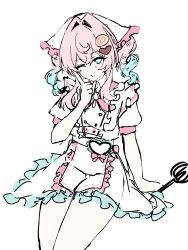  1girl alternate_costume aqua_eyes aqua_hair buttons commentary_request drill_hair fuka_yao hair_between_eyes hair_intakes hair_ornament hand_up heart heart_hair_ornament highres holding honkai:_star_rail honkai_(series) hyacine_(honkai:_star_rail) long_hair multicolored_hair one_eye_closed pantyhose parted_lips pink_hair puffy_short_sleeves puffy_sleeves short_sleeves simple_background sitting sketch solo twin_drills two-tone_hair white_background white_pantyhose 