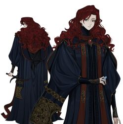  88rfnzknbhuc5sy absurdres blue_gem curly_hair elden_ring fingerslayer_blade from_behind full_body gem highres holding holding_knife jewelry knife long_hair lunar_princess_ranni multiple_views red_gem red_hair royal_robe standing white_background 