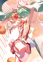  1girl agyou_sonokou_l ankle_ribbon apple arm_up brooch center_frills commentary_request cowboy_shot flower food frills fruit gem green_eyes green_hair hair_flower hair_ornament hand_up hatsune_miku highres holding holding_food holding_fruit jewelry leg_ribbon long_hair long_sleeves red_gem red_ribbon ribbon shorts single_sleeve solo standing standing_on_one_leg twintails vest vocaloid waistcoat white_flower white_sleeves wrist_cuffs 