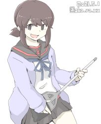  1girl :d akara_kai anchor_symbol black_sailor_collar black_skirt blue_neckerchief broom brown_eyes brown_hair cardigan collarbone commentary_request cowboy_shot dated fubuki_(kancolle) fubuki_kai_ni_(kancolle) hair_between_eyes holding holding_broom kantai_collection long_sleeves looking_at_viewer low_ponytail medium_hair miniskirt neckerchief open_cardigan open_clothes open_mouth pleated_skirt ponytail purple_cardigan sailor_collar shirt sidelocks simple_background skirt smile solo twitter_username unconventional_guitar white_background white_shirt 