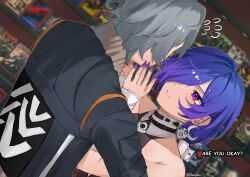  1boy 1girl blue_jacket commentary crescent crescent_earrings earrings english_text from_behind grey_hair hair_over_one_eye highres jacket jewelry long_sleeves looking_at_another nail_polish one_eye_covered promeia_(zenless_zone_zero) purple_hair purple_nails rainatsu sweat twitter_username untranslatable_commentary violet_eyes wise_(zenless_zone_zero) zenless_zone_zero 