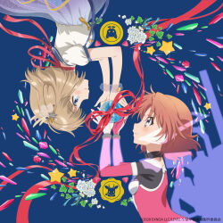  2girls antlers black_choker blue_dress blue_eyes bodysuit brown_hair choker commentary_request confetti copyright_symbol dark_blue_background deer_antlers dress earth_(planet) flower green_leaf hair_ornament hairclip heart heart_hands highres holding_hands horns indie_utaite kano_(utaite) multiple_girls orange_hair pink_bodysuit planet puffy_short_sleeves puffy_sleeves red_choker red_ribbon ribbon rikko_(soukoumusume) short_hair short_sleeves soukoumusume star_(symbol) star_ornament upside-down watermark white_dress white_flower white_trim white_wrist_cuffs wrist_cuffs yellow_emblem 