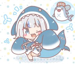  >_< 1girl :d ;d animal bloop_(gawr_gura) blue_eyes blue_hair blue_hoodie blush_stickers chibi closed_eyes colored_shadow commentary_request drawstring fins fish_tail gawr_gura gawr_gura_(1st_costume) grey_hair highres hololive hololive_english hood hood_up hoodie long_sleeves looking_at_viewer mitarashi_neko multicolored_hair notice_lines one_eye_closed shadow shark shark_tail sharp_teeth shoes sleeves_past_fingers sleeves_past_wrists smile solo_focus standing standing_on_one_leg streaked_hair tail teeth virtual_youtuber white_background white_shoes xd 