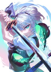  1girl apple black_hairband commentary_request food fruit green_vest grey_hair hairband highres hitodama hitodama_print katana konpaku_youmu konpaku_youmu_(ghost) solo sword touhou u_u_zan vest weapon 