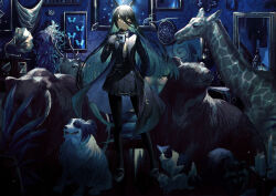  1girl absurdres ahoge animal_ears bear black_coat black_gloves black_hair black_pantyhose black_shirt black_skirt bug butterfly candle cat closed_mouth coat coffee_mug collared_shirt commentary_request cup dog ear_tag earrings giraffe gloves hair_between_eyes highres holding holding_cup horse_ears horse_girl jewelry long_bangs long_hair long_hair_between_eyes long_sleeves looking_at_viewer manhattan_cafe_(creeping_shadow)_(umamusume) manhattan_cafe_(umamusume) mug multicolored_hair necktie pantyhose phonograph picture_frame sanbon_hijiki shirt single_earring skirt solo squirrel textless_version umamusume white_hair yellow_eyes yellow_necktie 