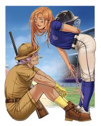  baseball_helmet baseball_stadium blue_shirt brown_hat brown_shirt brown_shoes brown_shorts commentary earrings english_commentary eye_black gloves gun hat helmet highres jersey jewelry leaning_forward marmela877 mouth_hold pants pith_helmet plug_(piercing) red_hair rifle shirt shoes shorts sitting smile socks softball_uniform sportswear stalk_in_mouth the_amazing_digital_circus tumblr_username twitter_username weapon white_pants white_shoes yellow_gloves yellow_socks 