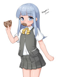  1girl absurdres blue_eyes blue_hair blunt_bangs bow bowtie collared_shirt commentary_request cookie dated dress_shirt flipped_hair food grey_skirt grey_vest hatsukaze_(kancolle) highres kantai_collection maru_(marg0613) mouth_hold one-hour_drawing_challenge pleated_skirt school_uniform shirt simple_background skirt solo twitter_username vest white_background white_shirt yellow_bow yellow_bowtie 