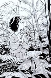  1girl collared_shirt commentary greyscale hands_up hatching_(texture) jacket linear_hatching looking_up monochrome nature original outdoors plant pleated_skirt school_uniform shirt short_hair skirt solo standing traditional_media tree w_arms zpihr6jprso2r2l 