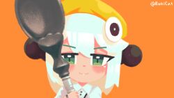  1girl artist_name blush bracelet buttons chibi euki_(eukicat) green_eyes hair_ornament hat highres holding holding_spoon improvised_weapon jewelry loli original shirt solo sphere_hair_ornament spoon white_shirt yellow_hat 