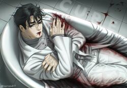  1boy alien_stage artist_name bathtub black_eyes black_hair blood blood_from_mouth blood_on_clothes blood_on_ground coat commentary english_commentary highres in_bathtub ivan_(alien_stage) male_focus marmela877 pants red_pupils self_hug shirt short_hair solo thick_eyebrows tile_floor tiles turtleneck turtleneck_shirt very_short_hair white_coat white_pants white_shirt 