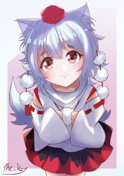  1girl absurdres animal_ear_fluff animal_ears bare_legs black_skirt blush border commentary_request detached_sleeves eyelashes facing_viewer fluffy_tail hair_ornament hat highres inubashiri_momiji long_sleeves looking_at_viewer original pom_pom_(clothes) pom_pom_hair_ornament red_eyes red_hat red_skirt short_hair signature skirt tail tengu the_key touhou white_border white_hair wolf_ears wolf_girl wolf_tail 