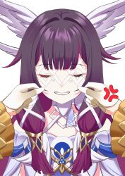  2girls absurdres anger_vein bare_shoulders black_hair bow bowtie closed_eyes columbina_(genshin_impact) commentary_request dress eye_mask genshin_impact gloves hair_ornament hand_on_another's_cheek hand_on_another's_face head_wings highres long_hair long_sleeves mask multicolored_hair multiple_girls multiple_wings purple_hair purple_streaks ribbon sandrone_(genshin_impact) simple_background smile streaked_hair two-tone_hair upper_body watatai white_background white_bow white_dress white_wings wing_hair_ornament wings x-shaped_eyewear yuri 