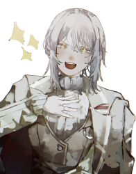  1girl black_coat black_vest blue_eyes blush body_switch brown_sweater coat coat_on_shoulders commentary don_quixote_(project_moon) english_commentary faust_(project_moon) hand_on_own_chest highres lapels limbus_company looking_at_viewer notched_lapels open_clothes personality_switch project_moon short_hair simple_background smile solo sparkle sparkling_eyes sweater teeth tuumatae upper_body upper_teeth_only vest white_background white_hair 