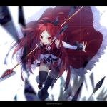  blurry depth_of_field hair_ribbon hiramatsu_(rama) letterboxed mahou_shoujo_madoka_magica motion_blur mouth_hold pocky polearm ponytail red_eyes red_hair ribbon sakura_kyouko solo spear thigh-highs thighhighs weapon 