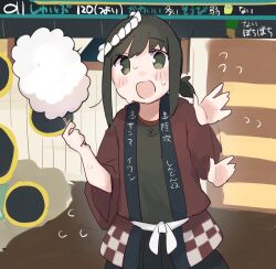  1girl black_skirt blush brown_hair commentary_request cotton_candy food fubuki_(festival)_(kancolle) fubuki_(kancolle) fubuki_kai_ni_(kancolle) gameplay_mechanics green_eyes green_shirt hachimaki happi headband highres holding holding_cotton_candy holding_food japanese_clothes kantai_collection low_ponytail ma_rukan nejiri_hachimaki open_mouth ponytail shirt short_hair sidelocks skirt solo sweatdrop t-shirt 