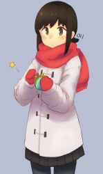  1girl absurdres artist_logo black_pantyhose black_skirt coat coin_purse commentary_request cowboy_shot duffel_coat fubuki_(kancolle) grey_background highres kantai_collection logo long_hair low_ponytail ma_rukan mittens pantyhose pleated_skirt ponytail red_mittens red_scarf scarf short_ponytail simple_background skirt solo standing white_coat winter_clothes 
