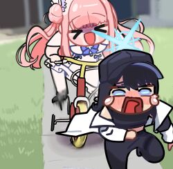  2girls absurdres baseball_cap bicycle black_hair blue_archive blue_halo chasing dress halo hat highres jochal long_hair meme mika_(blue_archive) multiple_girls pink_hair riding running saori_(blue_archive) tears white_dress 