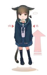  1girl absurdres animal_ears arrow_(symbol) black_socks blue_jacket blue_neckerchief blue_skirt brown_hair cat_day cat_ears cat_tail commentary_request fish fish_in_mouth floating fubuki_(kancolle) full_body green_eyes green_sailor_collar highres hole_in_sock jacket kantai_collection kemonomimi_mode kneehighs looking_at_viewer low_ponytail ma_rukan naturally_detached_hair neckerchief pleated_skirt ponytail sailor_collar shirt sidelocks signature skirt sleeves_past_wrists socks solo tail white_shirt 