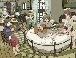  6+girls acoustic_guitar angel angel_wings bag barefoot bed black_hair black_shoes blonde_hair blue_eyes book bookshelf bow bowtie brown_eyes brown_hair chair cigarette clock closed_mouth collar cup curtains drawer elbow_rest food glasses green_shirt green_sweater guitar haibane_renmei halo hand_rest highres hikari_(haibane_renmei) holding holding_cigarette holding_cup instrument jewelry kana_(haibane_renmei) kuu_(haibane_renmei) long_sleeves looking_at_another miniskirt mirror muffin multiple_girls music necklace nemu_(haibane_renmei) one_eye_closed open_mouth pants pantsu-ripper picture_frame pillow plant playing_instrument potted_plant rakka_(haibane_renmei) reading red_bow red_bowtie red_skirt reki_(haibane_renmei) shirt shoes short_hair shoulder_bag sitting skirt smile smoking sweater table third-party_source window wings wooden_chair wooden_floor working 
