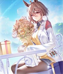  1girl agnes_tachyon_(tach-nology)_(umamusume) agnes_tachyon_(umamusume) ahoge animal_ears animal_on_shoulder black_necktie black_shirt blue_sky bouquet brown_pantyhose chair collared_shirt commentary_request dark_jewel_(gem_oblivion) duplicate earrings flower gift guinea_pig hair_between_eyes highres holding holding_bouquet horse_ears horse_girl jewelry lab_coat lapels light_smile looking_at_viewer medium_hair necktie notched_lapels ocean pantyhose red_eyes shirt single_earring sitting sky sleeves_past_fingers sleeves_past_wrists solo sunflower sweater_vest table test_tube umamusume wide_sleeves yellow_sweater_vest 