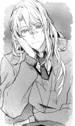  1boy bedge brown_eyes degrees_of_lewdity greyscale highres jewelry long_hair looking_at_viewer monochrome necklace necktie solo spot_color sweater sydney_(degrees_of_lewdity) sydney_(male)_(degrees_of_lewdity) upper_body 