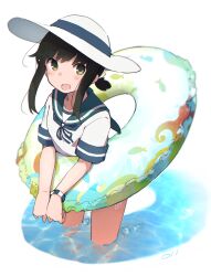  1girl absurdres black_hair blush collarbone commentary_request fubuki_(kancolle) green_eyes green_sailor_collar hat highres innertube kantai_collection looking_at_viewer ma_rukan open_mouth ponytail sailor_collar school_uniform serafuku short_hair short_ponytail short_sleeves signature simple_background smile solo sun_hat swim_ring wading water white_background white_hat 