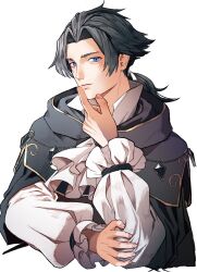  1boy absurdres black_capelet black_hair blue_eyes capelet commentary_request cyrus_albright gold_trim hand_on_own_chin highres long_hair looking_at_viewer low_ponytail male_focus octopath_traveler octopath_traveler_i ponytail rico_ot short_hair simple_background solo thinking upper_body white_background 