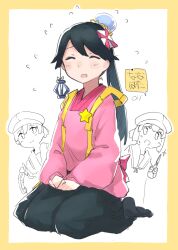  3girls absurdres black_hair black_hakama blush closed_eyes commentary_request daitou_(kancolle) hair_between_eyes hakama hakama_skirt hiburi_(kancolle) highres houshou_(kancolle) japanese_clothes kantai_collection kimono long_hair long_sleeves ma_rukan multiple_girls open_mouth pink_kimono ponytail signature skirt wide_sleeves 
