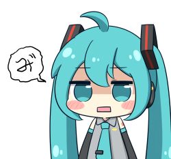  1girl ahoge bare_shoulders black_sleeves blue_eyes blue_hair blue_necktie blush_stickers chibi chibi_only collared_shirt commentary_request detached_sleeves double-parted_bangs grey_shirt hair_between_eyes hatsune_miku jitome long_hair necktie nukotun number_tattoo open_mouth rectangular_mouth shaded_face shirt shoulder_tattoo simple_background sleeveless sleeveless_shirt solo tattoo tie_clip twintails upper_body vocaloid white_background 