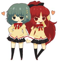  2girls black_eyes black_ribbon black_skirt black_socks blue_hair blunt_bangs blush bow bowtie brown_shoes fortissimo hair_ornament hair_ribbon hairclip hand_on_own_head hand_on_own_hip heart holding_hands juliet_sleeves kneehighs lastworry111 long_hair long_sleeves mahou_shoujo_madoka_magica miki_sayaka mitakihara_school_uniform multiple_girls open_mouth parted_bangs puffy_sleeves red_eyes red_ribbon ribbon sakura_kyoko school_uniform shoes short_hair skirt socks spoken_heart third-party_source transparent_background yuri 