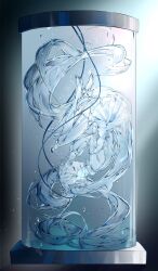  1girl air_bubble bare_shoulders boots bubble closed_eyes closed_mouth commentary_request curled_up detached_sleeves floating floating_hair from_side glass_girl glass_jar gloves hatsune_miku highres in_water jar long_hair oda_kogane own_hands_together profile see-through_body see-through_clothes shirt skirt sleeveless sleeveless_shirt solo twintails upside-down vocaloid 