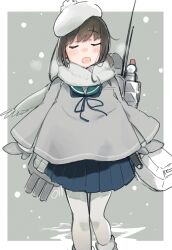  1girl absurdres black_hair blue_skirt blush border closed_eyes commentary_request feet_out_of_frame fubuki_(kancolle) gloves green_sailor_collar grey_gloves hat highres kantai_collection ma_rukan open_mouth pantyhose pleated_skirt ponytail sailor_collar school_uniform serafuku short_hair short_ponytail signature skirt smile solo white_border white_hat 