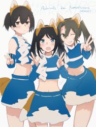  3girls alternate_costume alternate_hairstyle animal_ears black_hair blue_eyes closed_mouth commentary_request crop_top detached_sleeves double_v english_text fake_animal_ears fake_tail fox_ears fox_tail green_eyes hair_between_eyes highres hokkaido_nippon-ham_fighters kaga_(kancolle) kantai_collection katsuragi_(kancolle) looking_at_viewer ma_rukan matching_hairstyle matching_outfits midriff multiple_girls official_alternate_costume one_eye_closed open_mouth side_ponytail simple_background skirt smile tail twintails v white_background zuikaku_(cheerleader)_(kancolle) zuikaku_(kancolle) 