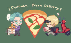  ... ^_^ antique_phone black_shirt blonde_hair challia_bull char_aznable chibi chibi_only closed_eyes collared_shirt commentary_request corded_phone delivery english_text examorhca food green_background green_eyes green_hair green_pupils grey_pants gundam gundam_gquuuuuux holding holding_phone looking_at_another margherita_pizza motor_vehicle musical_note necktie orange_necktie pants phone pizza pizza_box pizza_delivery pizza_slice purple_sweater rotary_phone scooter shirouzu_(gundam) shirt short_hair short_sleeves simple_background spoken_ellipsis sweater visor_cap walking white_shirt wing_collar 
