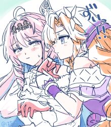  2girls ahoge bare_shoulders blue_hair blush closed_mouth colored_inner_hair commentary_request denia_(wuthering_waves) gloves green_eyes hachikuma_z highres looking_at_another multicolored_hair multiple_girls orange_hair pink_hair red_gloves sideways_glance sigrika_(wuthering_waves) staring sweatdrop veil white_gloves white_veil wuthering_waves 