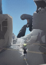  1girl 1other absurdres bat_wings bungo_yayoi cancer_(heaven_burns_red) commentary_request fake_horns from_behind green_hair guratanchikin heaven_burns_red helmet highres horned_helmet horns rubble single_wing wings 