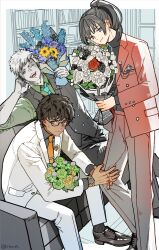  3boys alternate_costume aqua_necktie artist_name black-framed_eyewear black_hair black_socks blue_eyes border bouquet brown_shoes closed_mouth collared_shirt colored_skin commentary_request couch dark-skinned_male dark_skin glasses green_shirt grey_skin high_ponytail highres holding holding_bouquet indoors lanz_(xenoblade) looking_at_viewer male_focus multiple_boys necktie noah_(xenoblade) on_couch one_eye_closed open_mouth orange_necktie outside_border pants ponytail red_pants red_suit rico_ot shirt shoes sitting smile socks suit sweatdrop taion_(xenoblade) twitter_username watch watch white_border white_hair white_pants white_suit xenoblade_chronicles_(series) xenoblade_chronicles_3 