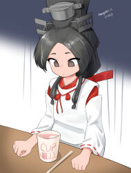  1girl absurdres black_hair brown_eyes commentary_request dated gradient_background grey_background headgear high_ponytail highres hiroshimaben instant_noodles japanese_clothes kantai_collection kariginu long_hair long_sleeves looking_down maru_(marg0613) miko name_connection nisshin_(kancolle) nissin_cup_noodle one-hour_drawing_challenge ponytail ribbon-trimmed_sleeves ribbon_trim short_eyebrows solo twitter_username 