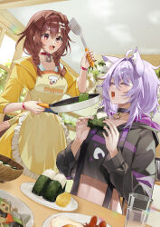  2girls absurdres amesui animal_ears black_hoodie brown_eyes brown_hair cat_ears cat_girl commentary_request cropped_hoodie dog_ears dog_girl dress eating frying_pan highres holding holding_frying_pan hololive hood hood_down hoodie indoors inugami_korone kitchen multiple_girls navel nekomata_okayu nekomata_okayu_(1st_costume) purple_hair short_hair sitting standing virtual_youtuber yellow_dress 