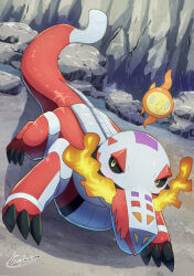  absurdres animal_focus artist_name black_sclera colored_sclera commentary_request fire full_body highres looking_at_viewer no_humans outdoors pokemon pokemon_(creature) pokemon_focus skeledirge solo tanpakuroom yellow_eyes 